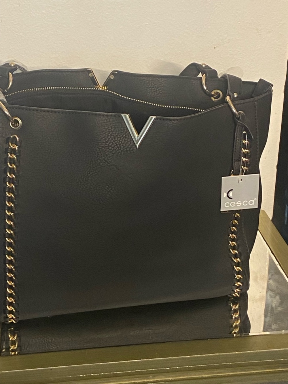Cesca Black Tote with Gold Chain Trim